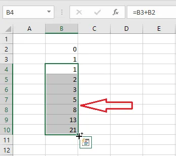 The Fibonacci sequence created in Excel