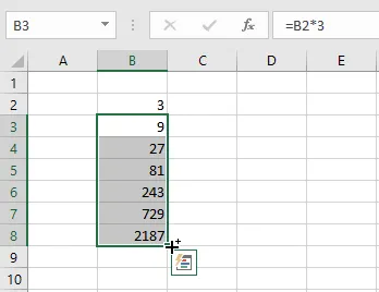 A geometric progression created by copying the formula down