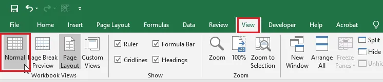 The Normal button on the View tab