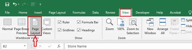 The Page Layout button on the View tab