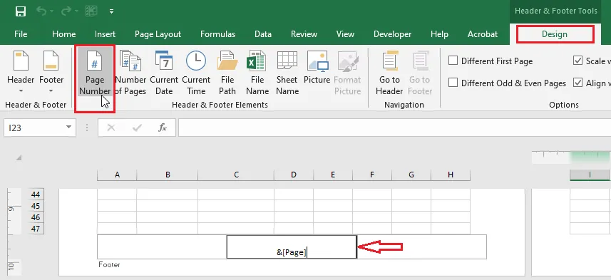 Adding a page number from the Header & Footer tab