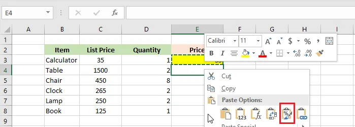 Choosing Formatting under Paste Options