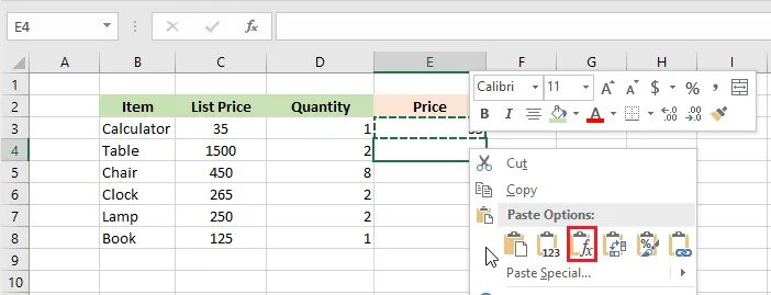 Choosing Formulas under Paste Options