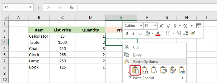 Choosing Paste under Paste Options