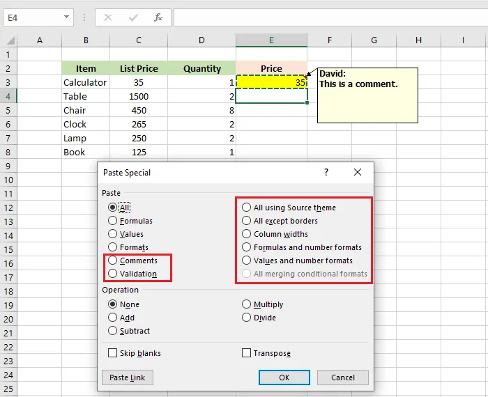 The Paste Special dialog box