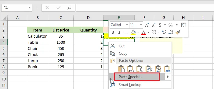 Choosing Paste Special from the right-click menu