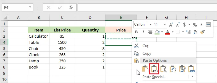 Choosing Values under Paste Options