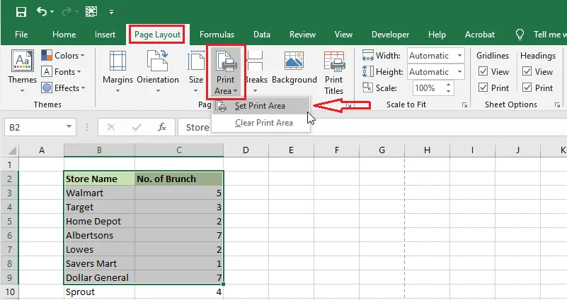Set Print Area on the Page Layout tab