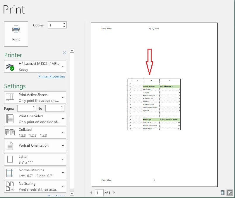The print preview with gridlines and headings