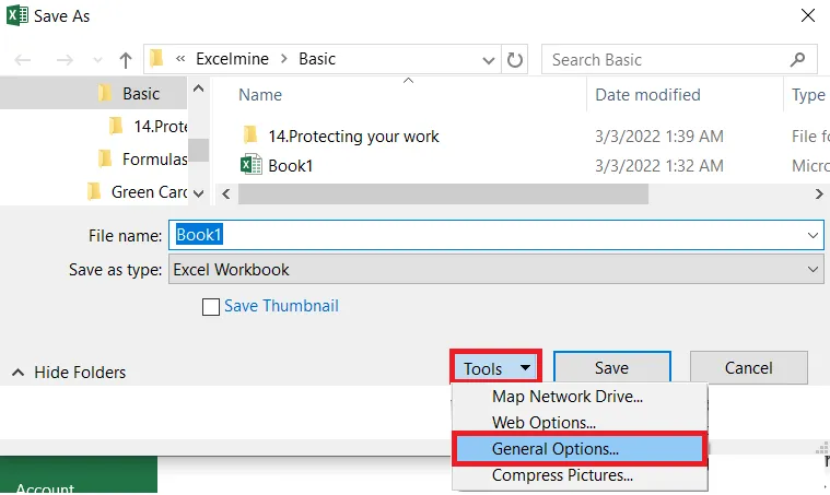 Tools > General Options in the Save As dialog box