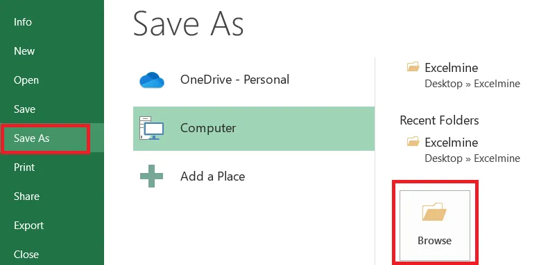 Save As > Browse on the File tab