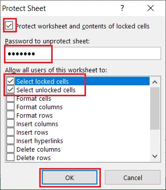 The Protect Sheet dialog box with a password and options