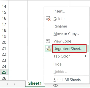 Unprotect Sheet in the right-click menu