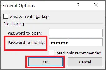 Entering a password to modify