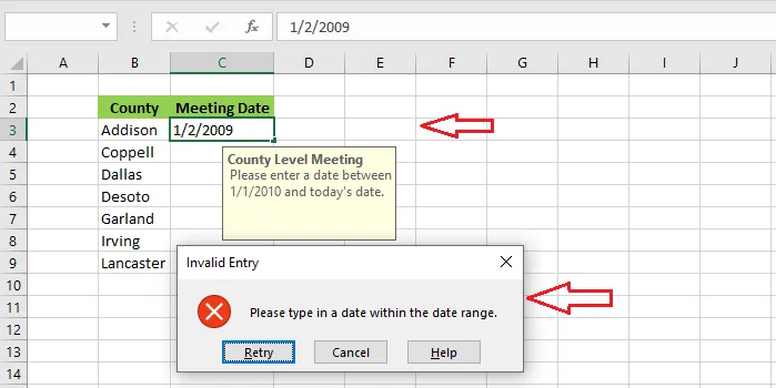 The error alert after entering a date before 2010