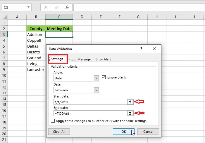 Date settings with an end date of =TODAY()
