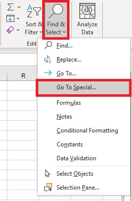 Choosing Go To Special from the Find & Select menu