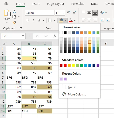 Highlighting the different cells with a fill color