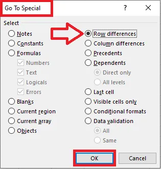 Choosing Row differences in the Go To Special dialog box
