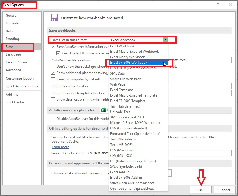Setting Excel 97-2003 Workbook as the default save format