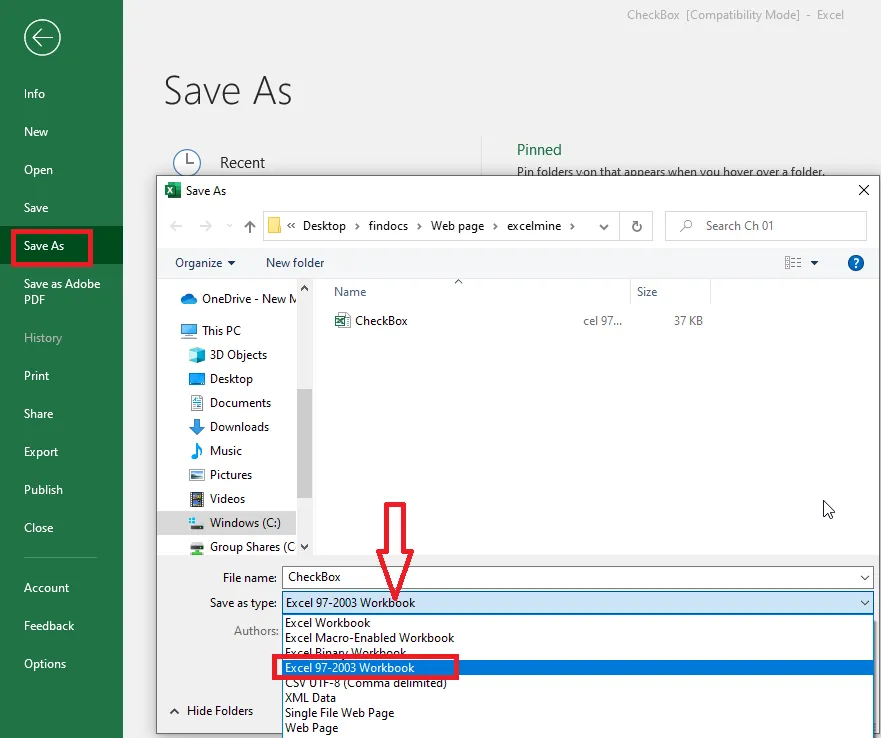 Choosing Excel 97-2003 Workbook in the Save As file type list