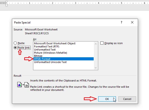 Paste link with HTML Format selected