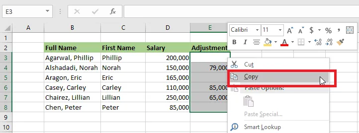 Copying the selected range