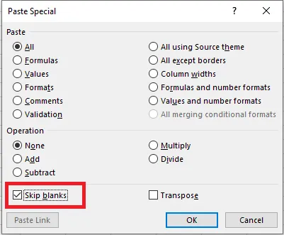 Ticking Skip blanks in the Paste Special dialog box