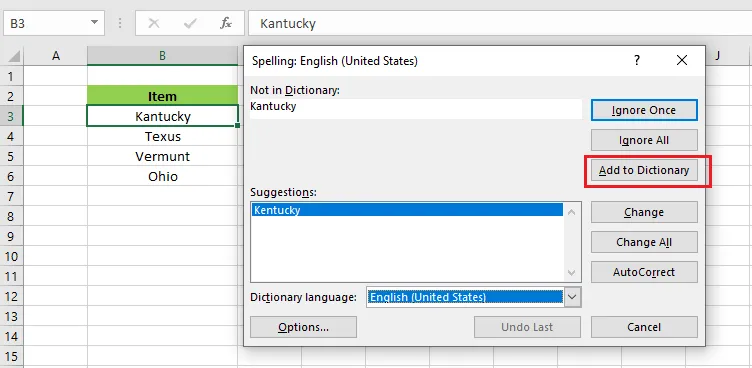 Adding a word to the dictionary in the Spelling dialog box