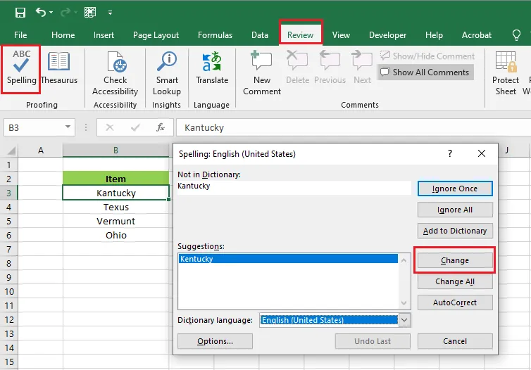 The Spelling dialog box suggesting a correction