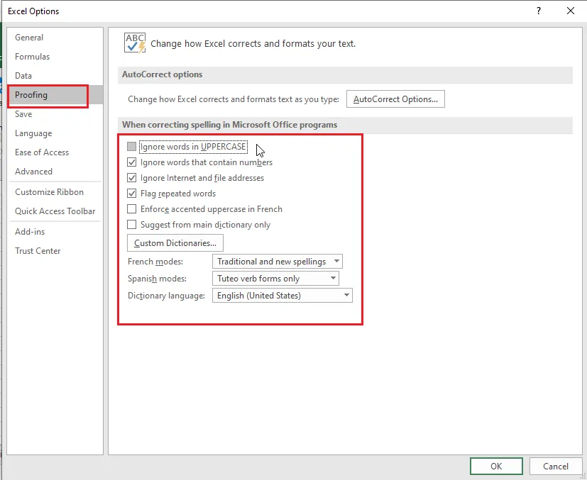 The Proofing options in Excel Options