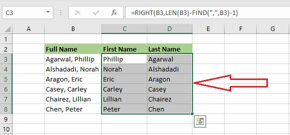 Both formulas copied down for every name