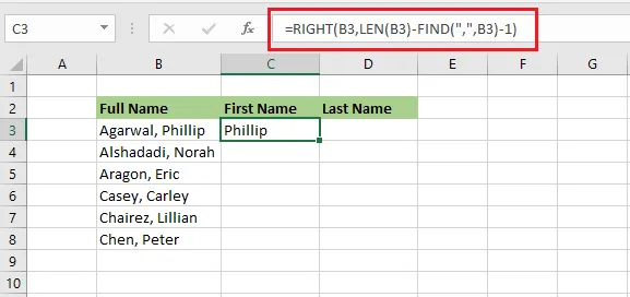 The RIGHT, LEN and FIND formula returning the first name