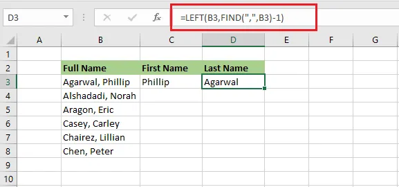 The LEFT and FIND formula returning the last name