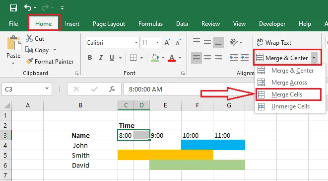Choosing Merge Cells from the Merge & Center menu