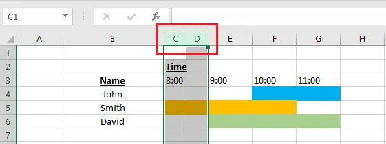 Resizing columns C and D to half width