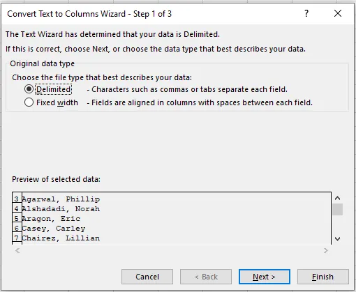 Choosing Delimited in the Convert Text to Columns Wizard