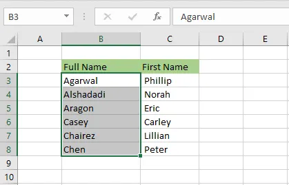 Full names split into two columns by Text to Columns
