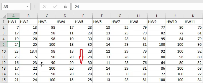 Dragging the split line to a new position