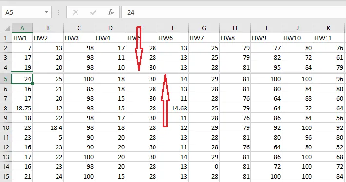 The worksheet split into two areas above row 5