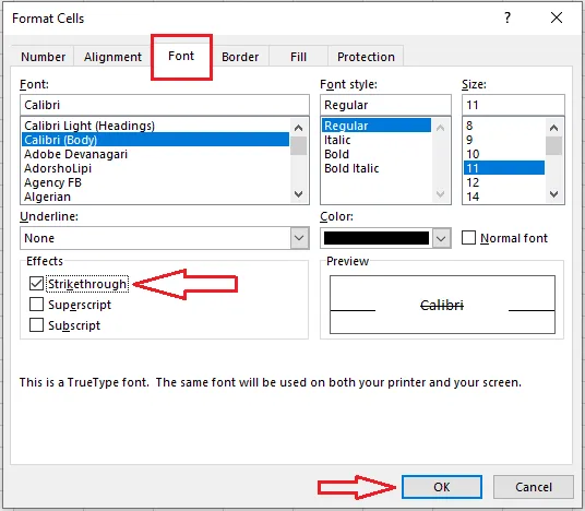 Ticking Strikethrough on the Font tab