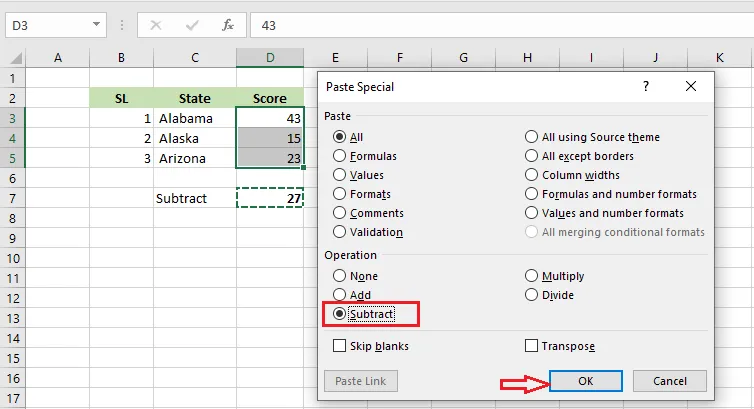 Choosing Paste Special for D3:D5