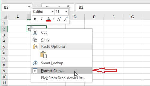 Selecting the 2 and choosing Format Cells