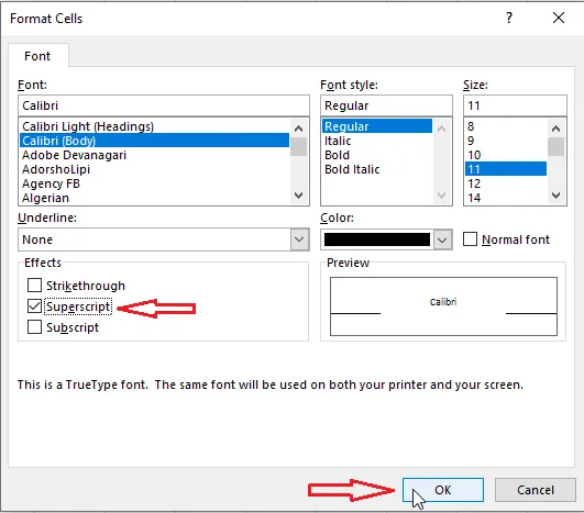 Ticking Superscript in the Format Cells dialog box