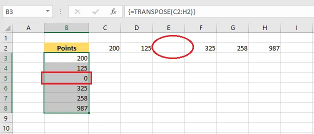 TRANSPOSE showing 0 for the empty cell E2