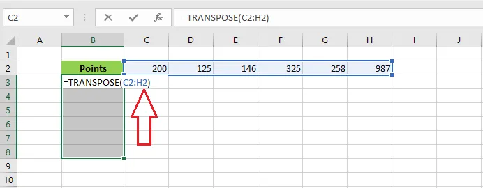 Typing the TRANSPOSE formula with the range C2:H2
