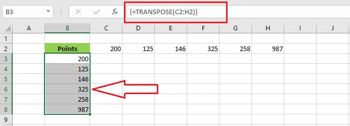 The row transposed into a column with the TRANSPOSE function