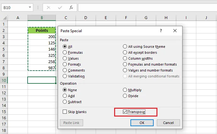 Ticking Transpose in the Paste Special dialog box