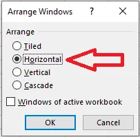 The Arrange Windows dialog box with Horizontal selected