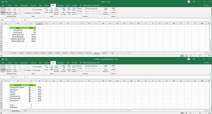 Two Excel workbooks arranged one above the other